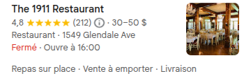 Exemple de fiche Google My Business d'un restaurant avec de nombreux avis 5 étoiles